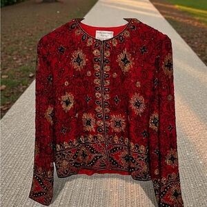 Papell Boutique Red and Gold Embroidered Blazer